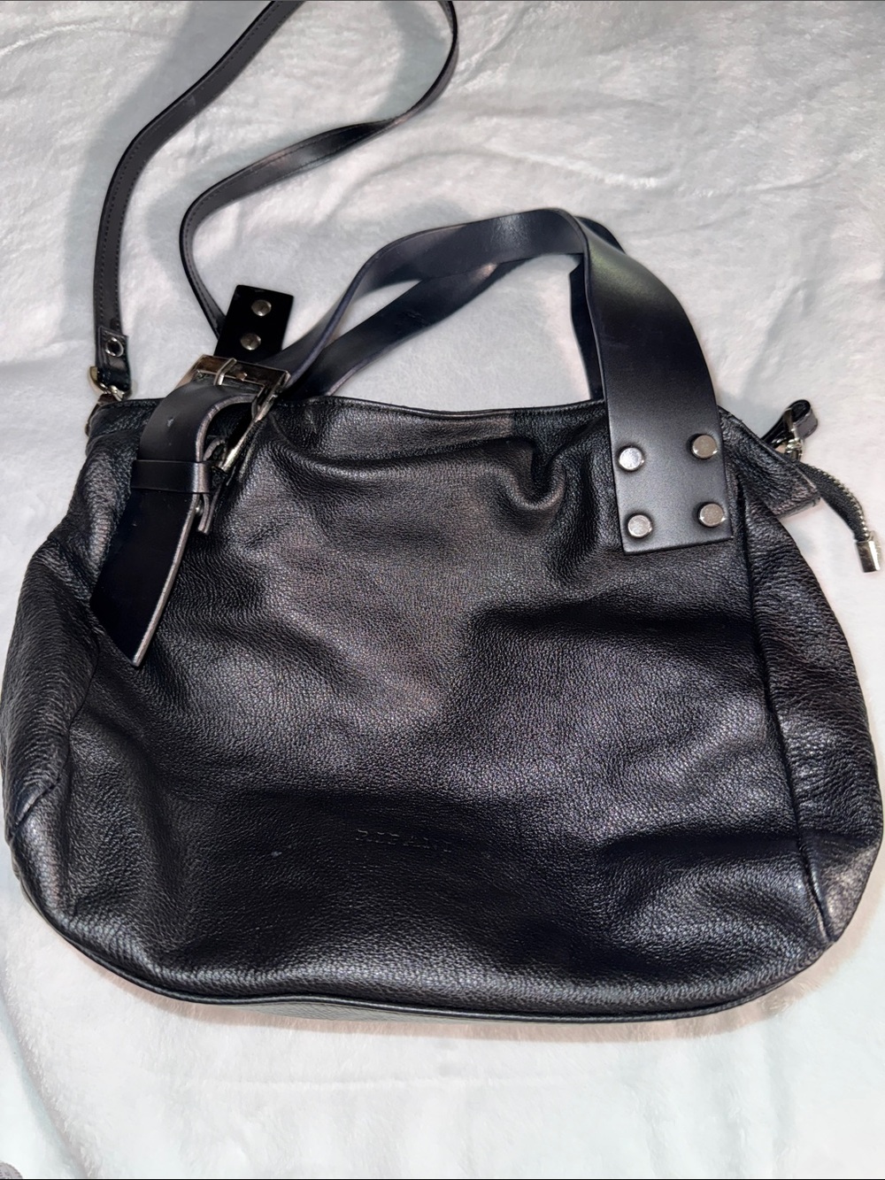 Classic Black Leather Shoulder Tote with Buckle Detail